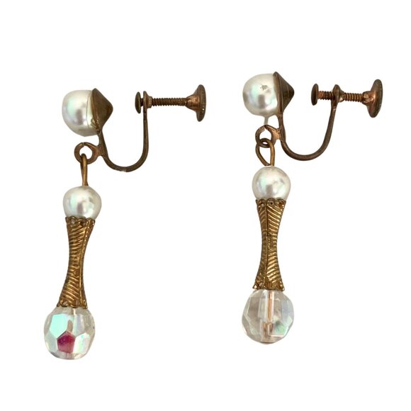 Vintage 60s Gold Tone Faux Pearl AB Crystal Drop Screw Back Clip Earrings Retro - Picture 7 of 8
